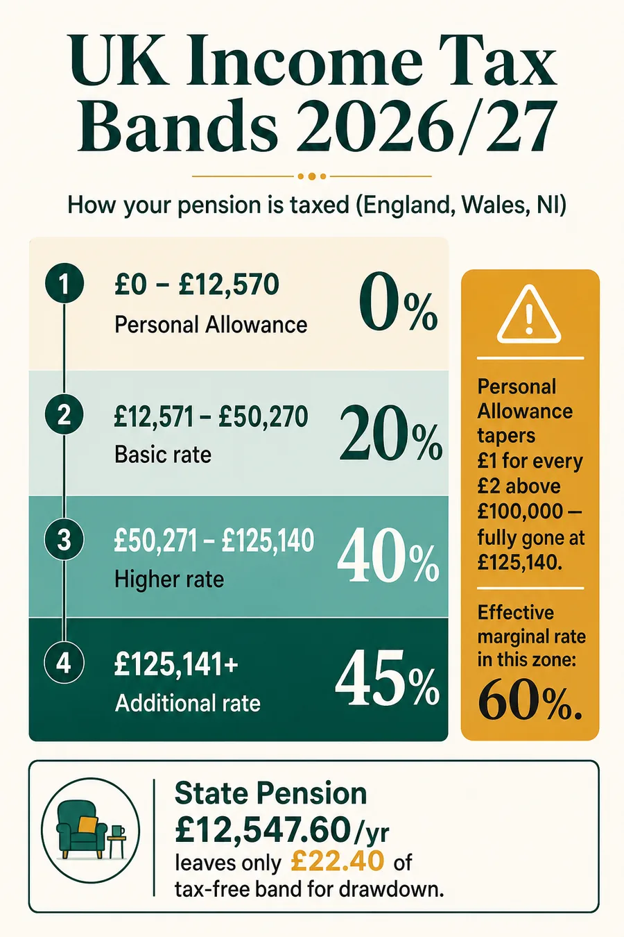 UK 2026/27 income tax bands for retirement — Personal Allowance £12,570, basic, higher and additional rate